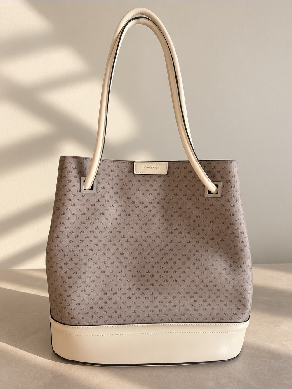 Calvin Klein Taupe Monogram Tote with Cream Trim and Handles